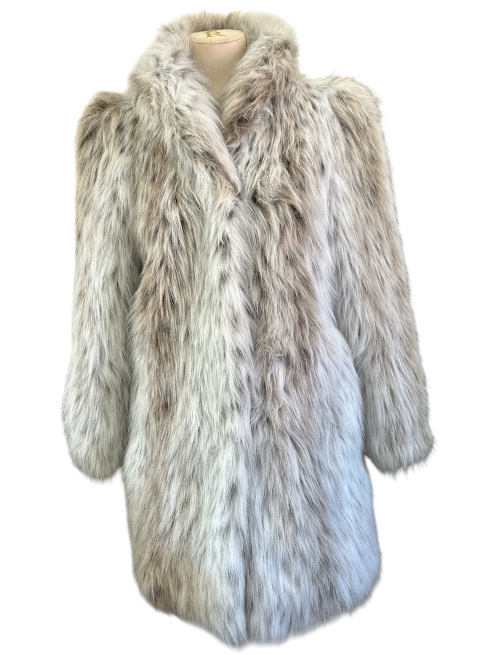 Vintage 80’s Jordache Faux Fur silver fox mid length coat white brown S-M